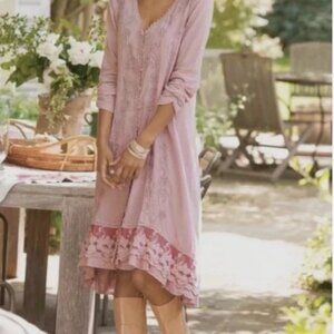 Soft Surroundings Embroidered Midi Dress Pink Lace Hem XL